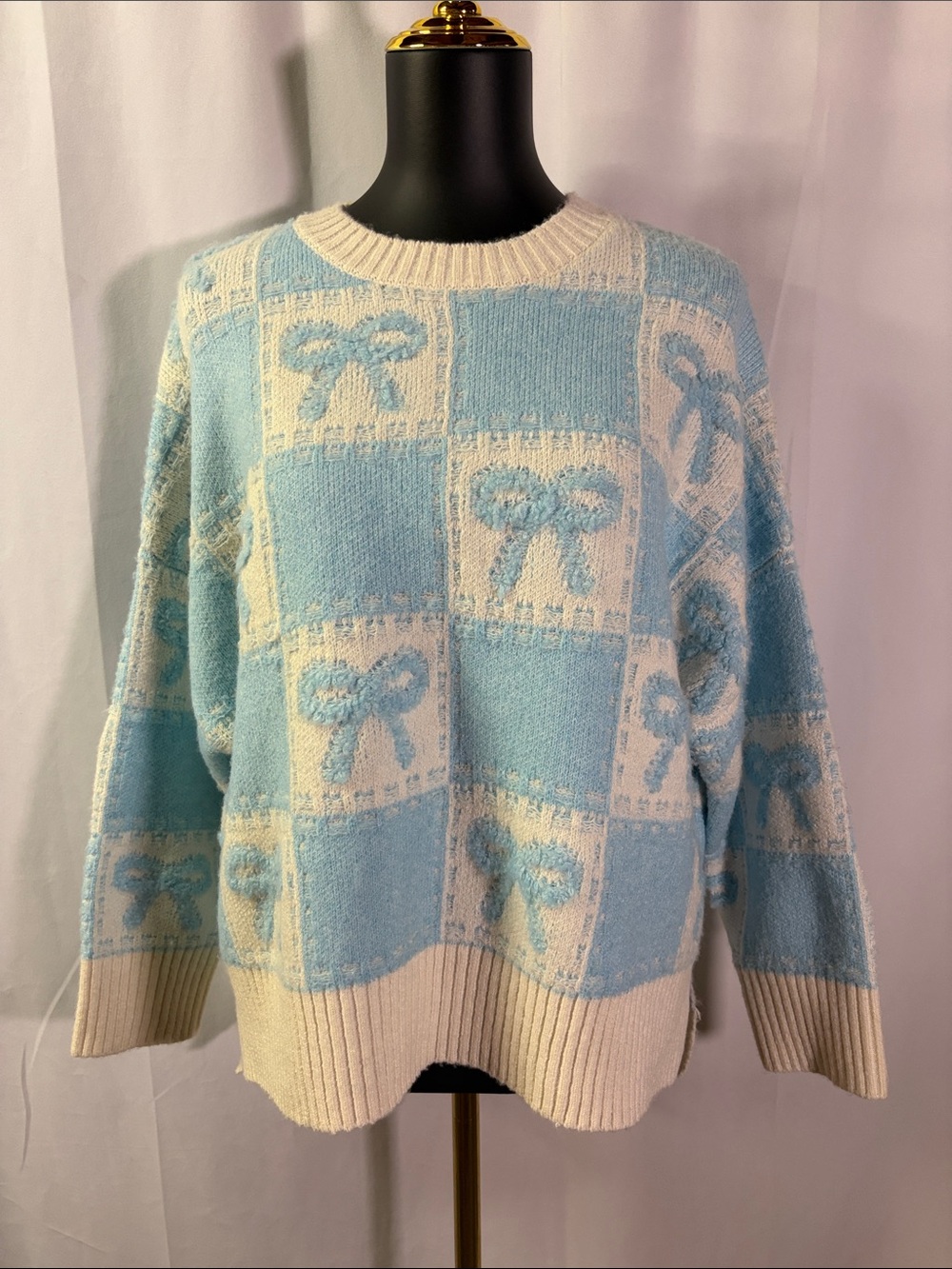 NWT Soho & Stella Blue & White Checkered Coquette Bow Crew Neck Sweater